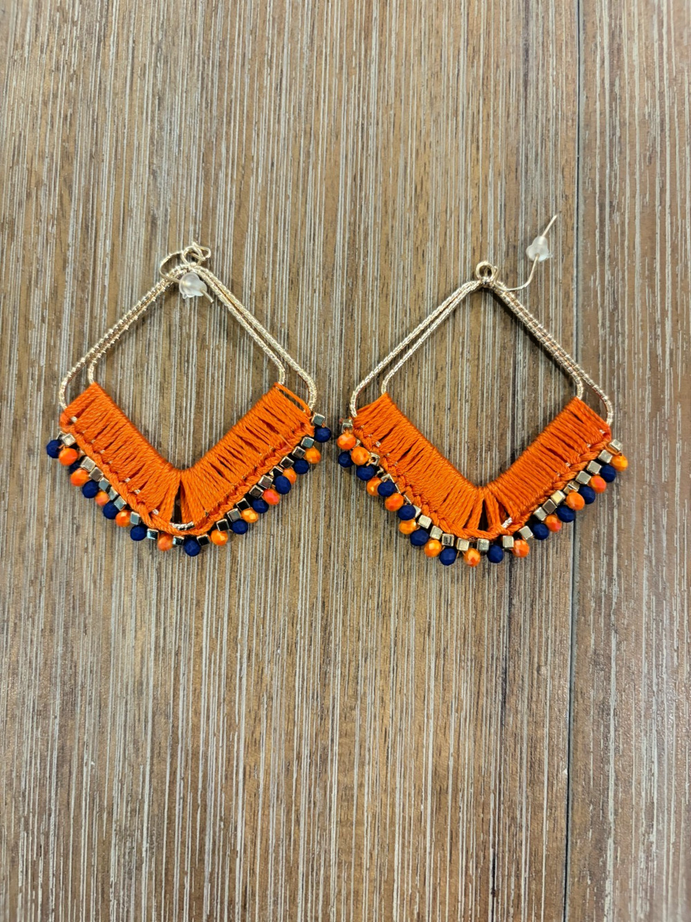 Orange & Navy Beaded Diamond Drop Earrings Gator Game Day Colors Boho